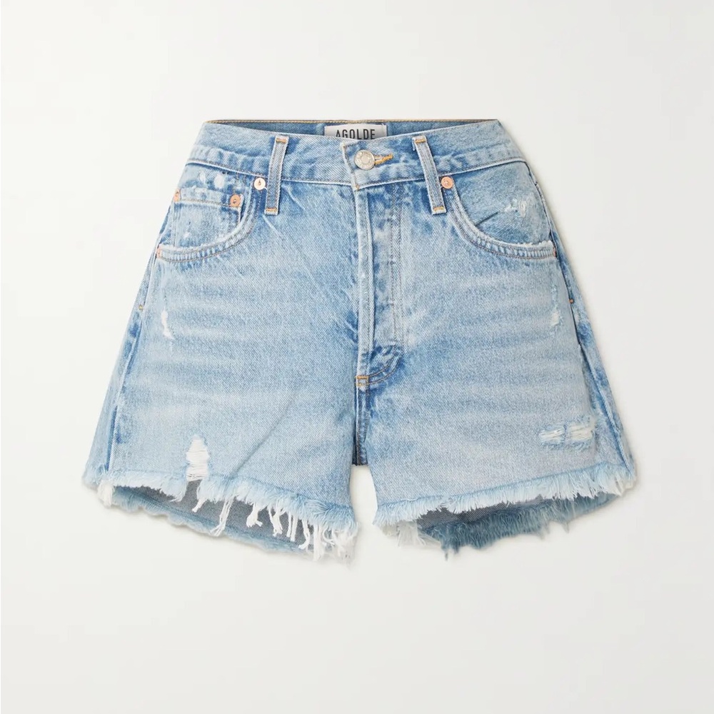 Agolde Light Blue Frayed Hem Jean Shorts